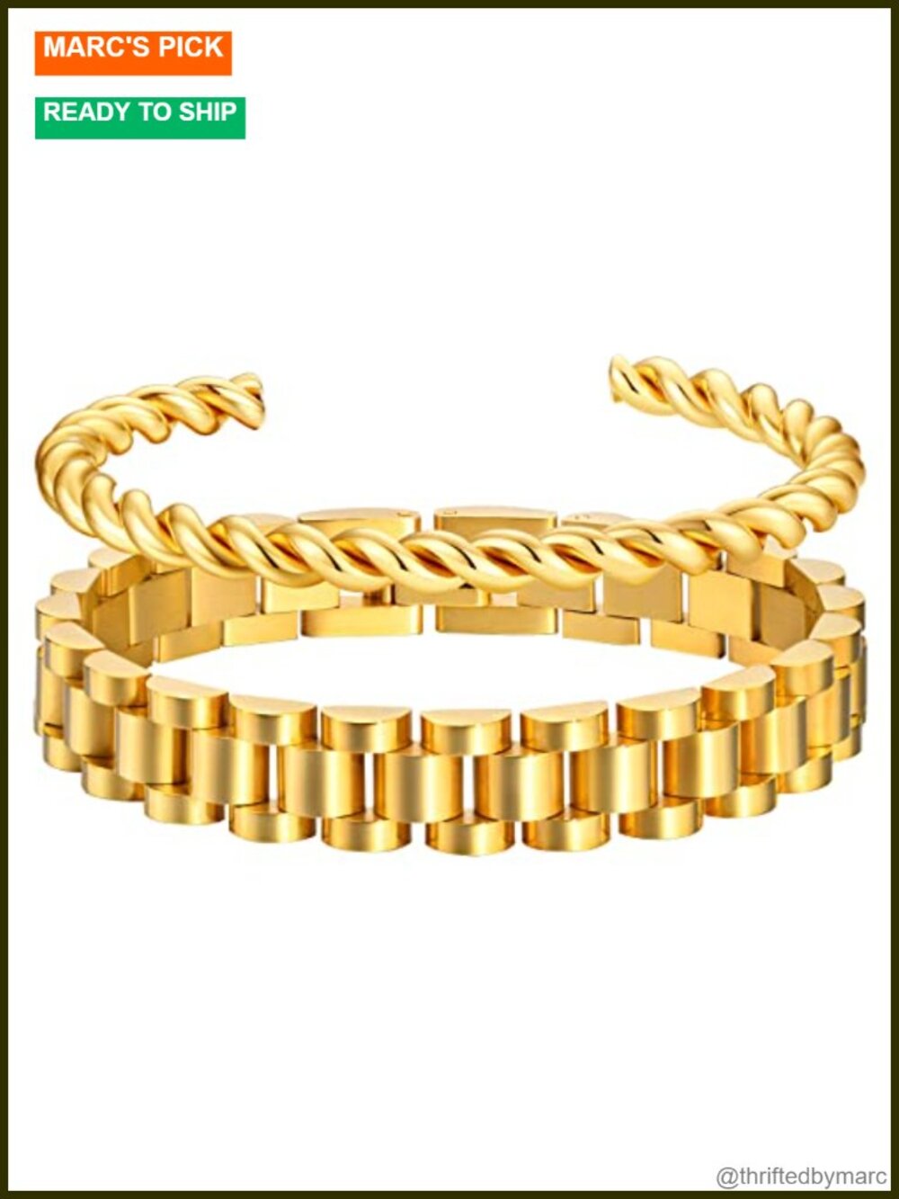 18K Gold Plated 2pc Chain Link Bracelet Set Stainless Steel Crystal Friendship